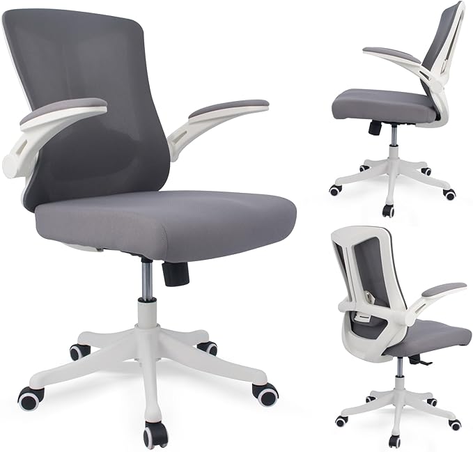 Ergonomic Comfort Home Desk Office Chair, Mid Back Computer Gaming Chair with Wheels, Adjustable Height, Lumbar Support, Flip-up Armrest with 350LBS Capacity (White Grey)-DeskLoop Office