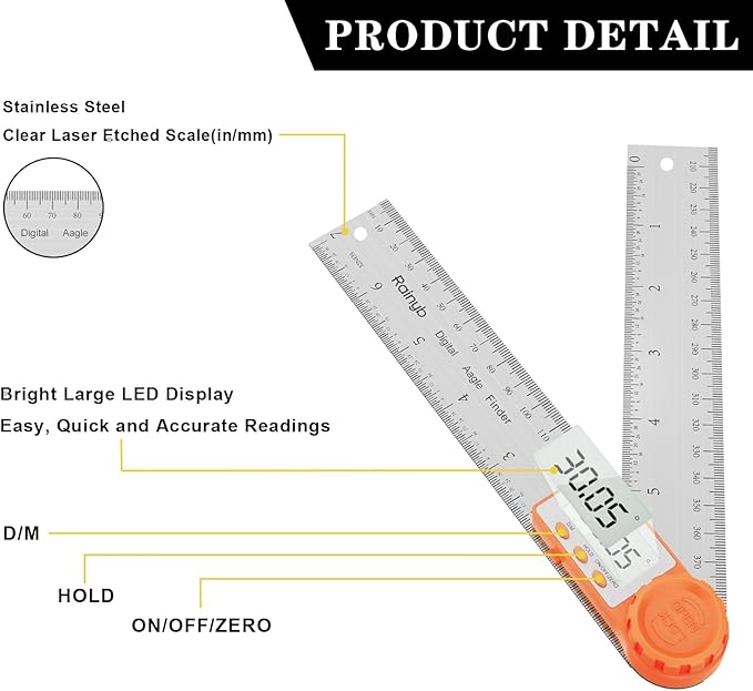 Rainyb Digital Angle Finder Tool 7inch/200 mm 0-360 Degree Stainless Steel Digital Protractor Ruler, Angle Measuring Tool for Carpenters, Woodworkers, Fabricators, Home DIY-DeskLoop Office
