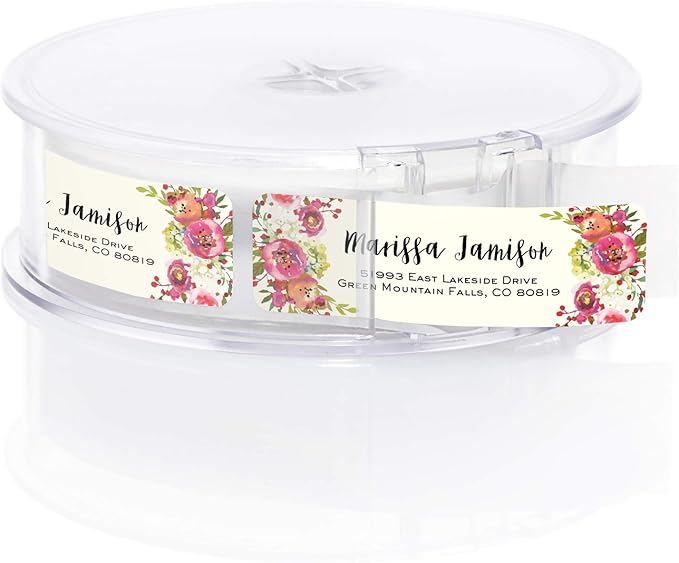 Vibrant Floral and Ivory Rolled Address Labels/Roll of 500 Personalized Address Labels/Designer Return Address Stickers in Elegant Plastic Dispenser-DeskLoop Office