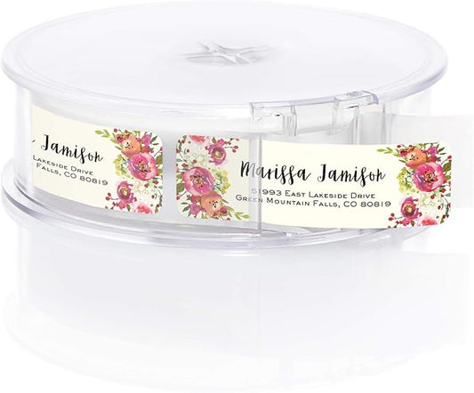 Vibrant Floral and Ivory Rolled Address Labels/Roll of 500 Personalized Address Labels/Designer Return Address Stickers in Elegant Plastic Dispenser-DeskLoop Office
