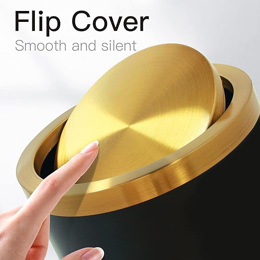 Stainless Steel Gold Trash can with Flipping Lid 2.4gallon Fingerprint-Proof Garbage cans Wastebasket Bin for Kitchen bothroom Living Room (Black with Gold lid, 2.6 Gallon)-DeskLoop Office