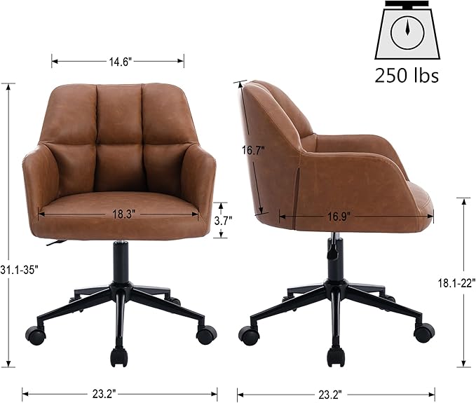 VESCASA Adjustable Home Office Desk Chair with Comfy Square Tufted Mid-Back, Faux Leather 360 Swivel Upholstered Task Armchair with Wheels for Teens Bedroom/Living Room, Brown-DeskLoop Office
