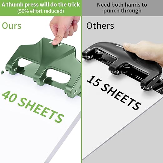 Heavy Duty 3 Hole Punch, 40-Sheet Heavy Duty Paper Punch, 50% Reduced Effort 3-Hole Punch, AFMAT Metal Hole Puncher 3 Ring, Three-Hole Paper Puncher w/Large Chip Tray for Classroom, Office, Green-DeskLoop Office
