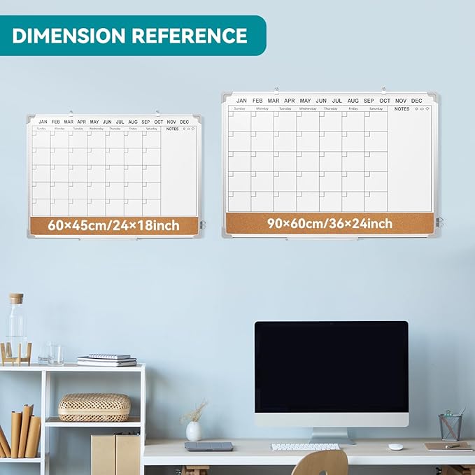 Calendar Whiteboard for Wall,36" x 24" White Board Calendar Dry Erase with Silver Aluminum Frame,Double Side Wall Hanging Board for Office,Home,Kitchen-DeskLoop Office