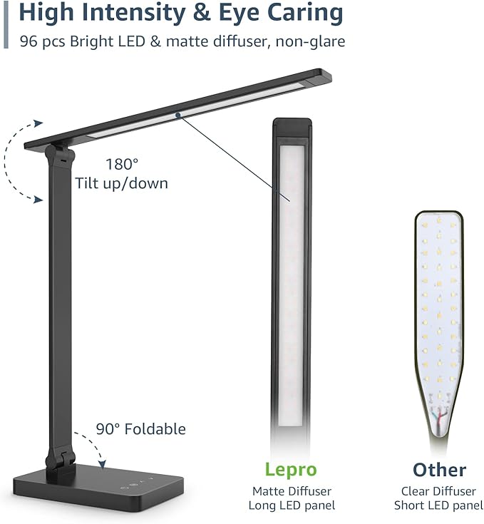 Lepro LED Desk Lamp with USB Charging Port Dimmable Home Office Touch Control Reading Table Lamp,3 Color Modes with 5 Brightness Level,College Dorm Room Essentials, Eye Caring, Sewing, Crafting, Black-DeskLoop Office