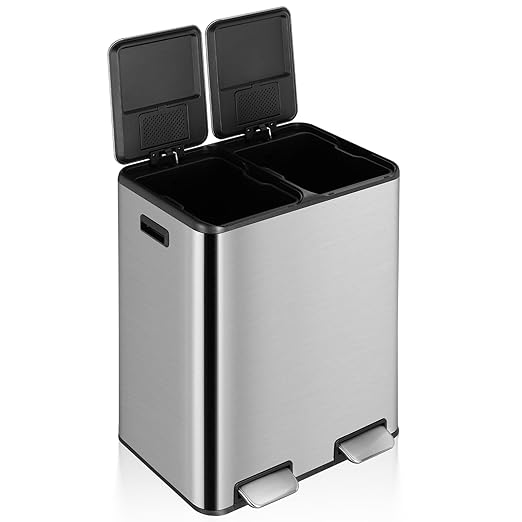 16 Gal (2 x 30 L) Dual Trash Can, Stainless Steel Kitchen Garbage Bin, Recycle Dustbin with Odor Control Box, Soft-Close Lid, Inner Buckets, Side Handle, Step Pedal, for Home Office-DeskLoop Office