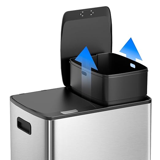 KUK 60 Liter / 16 Gallon Dual Trash Can with Lid, Stainless Steel Kitchen Step Garbage Can, 2 x 8 Gal Double Compartment Classified Rubbish Bin with 2 Plastic Inner Buckets Silver-DeskLoop Office