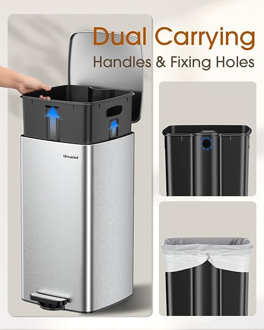 Lovewind Kitchen Trash Can with Lid, 8 Gallon/30 L Footstep Garbage Can for Kitchen Bedroom Home Office, 30 Liter Trash Bin Brushed Stainless Steel Waste Bin with Soft-Close Lid,Silver-DeskLoop Office