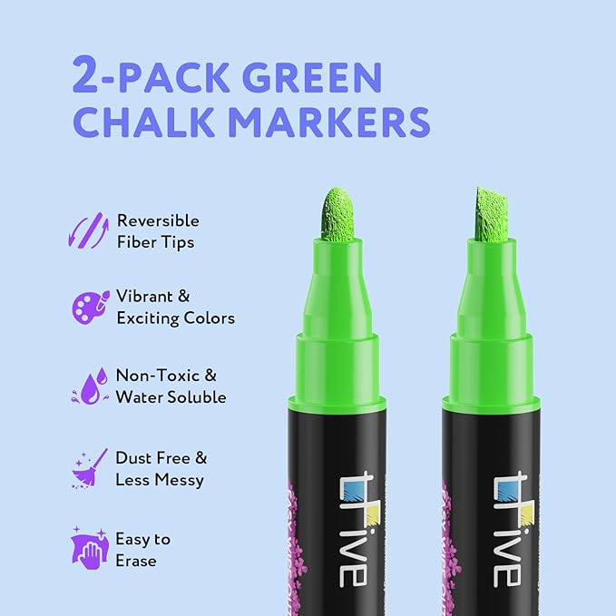 TFIVE Green Liquid Chalk Markers - 2 Pack Bright Colors Erasable Chalk Marker Pens, Reversible Tip, Non-Toxic, for Chalkboards, Signs, Glass, Easy to use Chalk markers TF800-DeskLoop Office