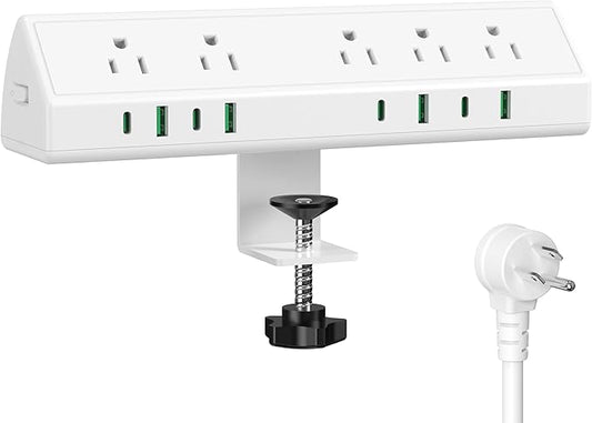 45W Fast Charging Station,Desk Clamp Power Strip,4 PD USB-C Ports,5 AC Outlets,Surge Protector Power Strip, 14AWG Heavy Duty Cord, Fits 1.9" Tabletop Edge (White, 15 FT Cable)-DeskLoop Office