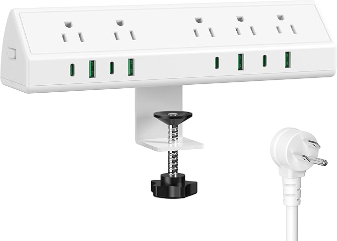 45W Fast Charging Station,Desk Clamp Power Strip,4 PD USB-C Ports,5 AC Outlets,Surge Protector Power Strip, 14AWG Heavy Duty Cord, Fits 1.9" Tabletop Edge (White, 10 FT Cable)-DeskLoop Office