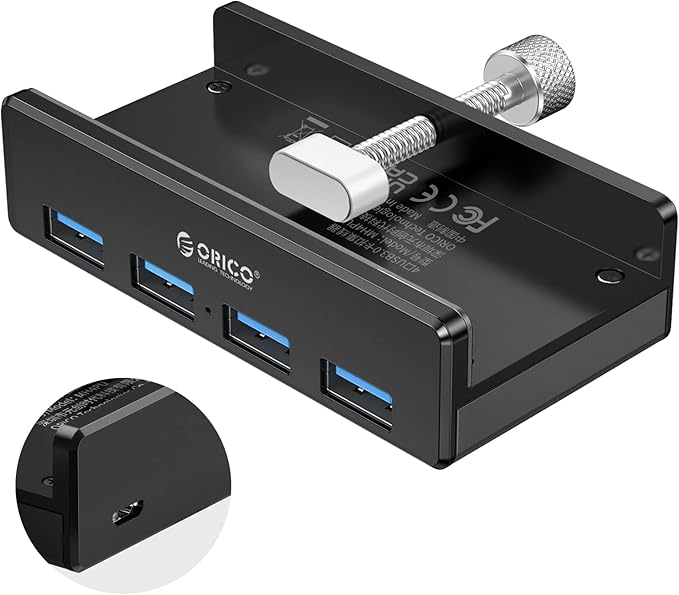 ORICO USB 3.0 Hub, USB Hub Clamp, Aluminum 4-Port USB Splitter with Extra Power Supply Port and 4.92 FT USB Data Cable, Desktop Powered USB Hub for Monitors/Desks-Black (Without Power Adapter)-DeskLoop Office