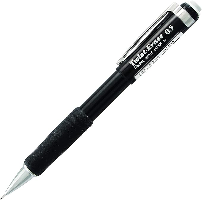 Pentel Mechanical Pencil 0.5 mm Twist Erase III, Twist Up Eraser, Pre-Loaded Super Hi-Polymer HB Lead, Black Barrel, 3-Pack-DeskLoop Office