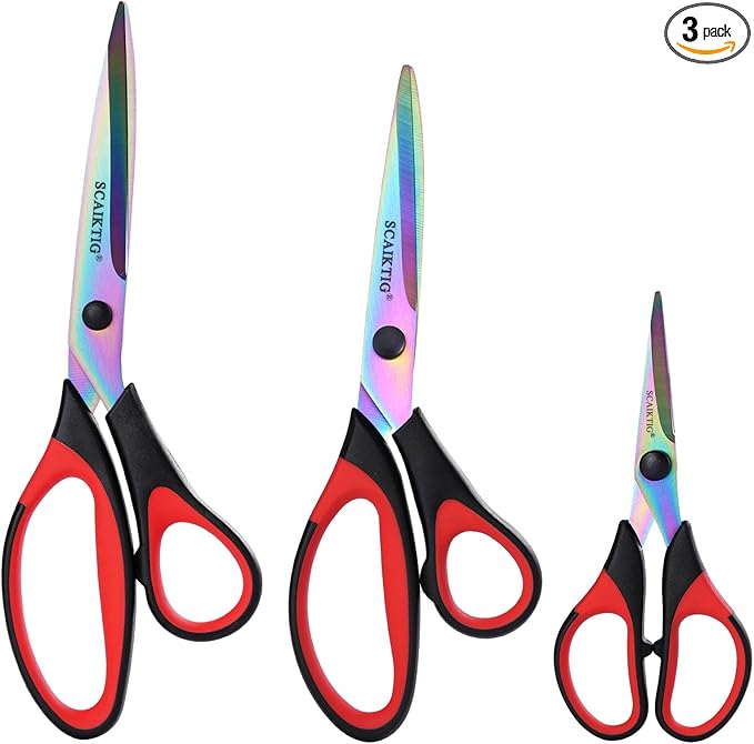 Craft Scissors Set of 3 Pack, All Purpose Sharp Titanium Blades Shears, Comfort Grip Handle, Multipurpose Fabric Scissors Tool Great for Adults, Office, Sewing, School and Home Supplies, Red&Black-DeskLoop Office