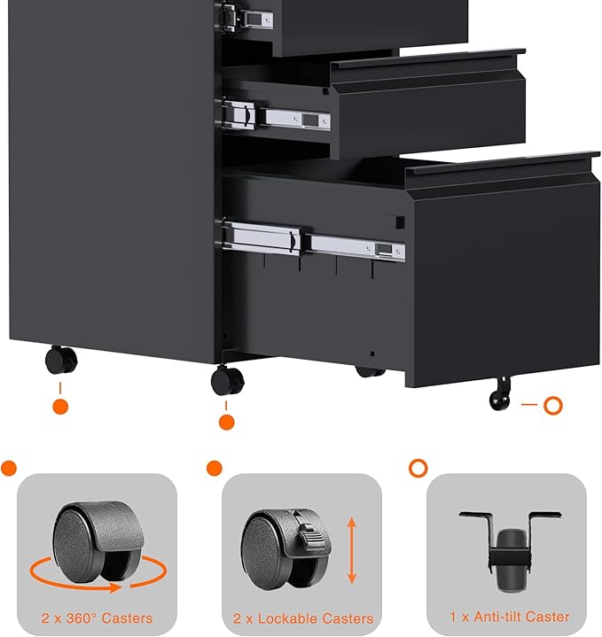 Aobabo Steel 3 Drawer Mobile File Cabinet with Lock, Under Desk Metal Filing Cabinet, 23.6''H A4/Legal/Letter Size Fully Assembled Except Wheels, Black-DeskLoop Office