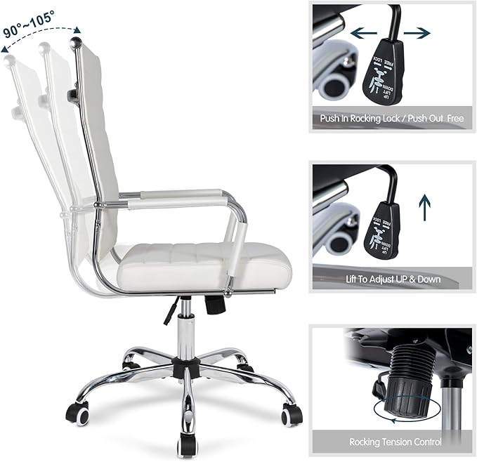 Home Office Chair Ribbed, Modern Leather Conference Room Chairs, Ergonomic Office Desk Chair, High Back Executive Computer Chair, Adjustable Swivel Chair with Arms (White)-DeskLoop Office
