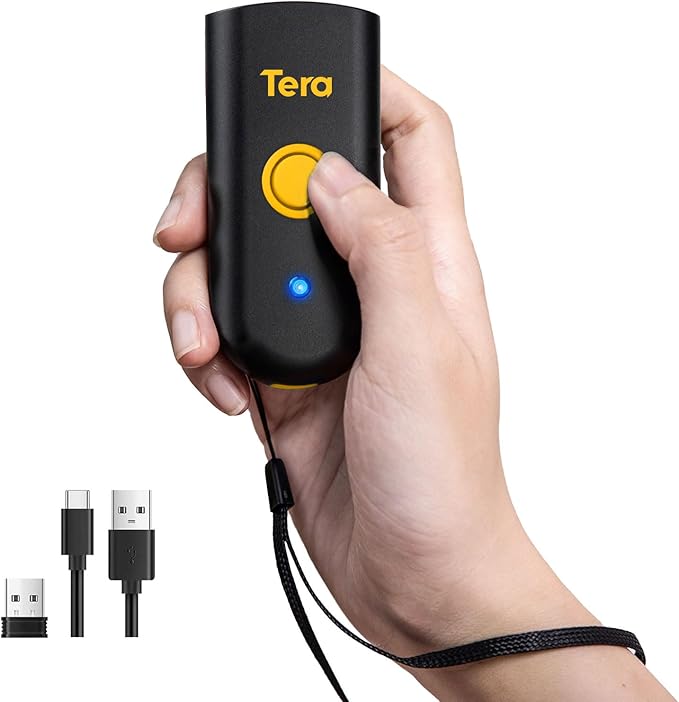 Tera Mini 1D Barcode Scanner: Pocket Waterproof Wireless Laser Scanner 3 in 1 Compatible with Bluetooth USB Wired Portable Bar Code Reader for Logistics Work with iOS Windows Android 1100L Yellow-DeskLoop Office