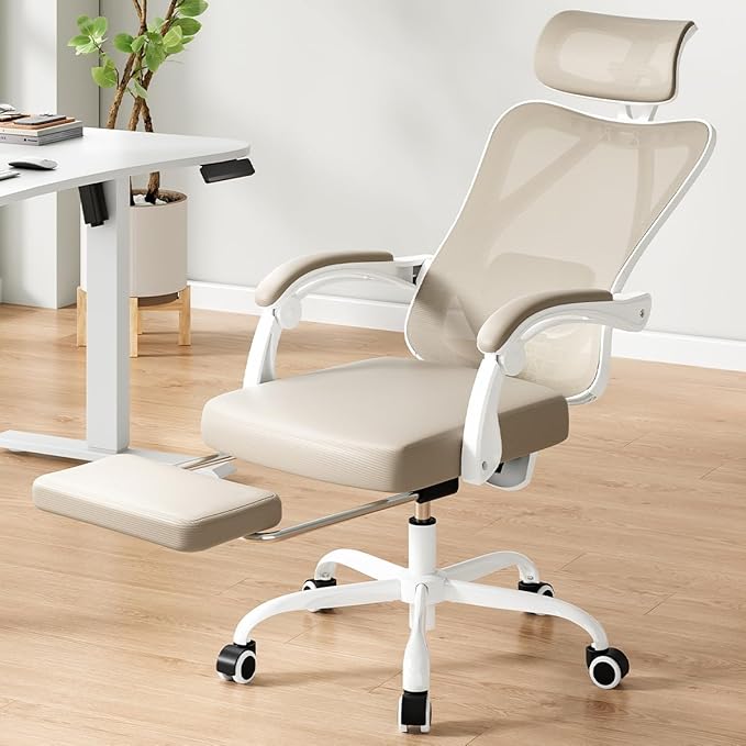 Farini Ergonomic Office Chair with Footrest, Mesh Office Desk Chair with Headrest, High Back Computer Chair with Adjustable Lumbar Support for Home Office Study Room Bedroom, White & Kakhi-DeskLoop Office
