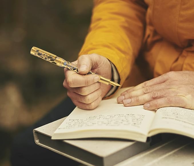 Asvine V169 Vacuum Filling Fountain Pen Medium Nib, Water Drop Skeleton Gold Trim Transparent Clear Acrylic Pen Case Set-DeskLoop Office