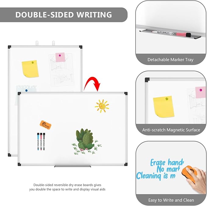XBoard Magnetic Dry Erase Board/Whiteboard, 36 X 24 Inches, Double Sided White Board,1 Dry Eraser & 3 Dry Erase Markers & 4 Push Pin Magnets-DeskLoop Office