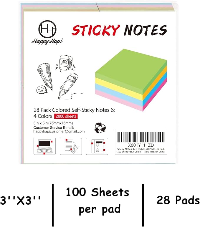 HappyHapi Sticky Notes 3x3 Inches Bulk 28 Pack 2800 Sheets Colored Self-Stick Pads, 100 Sheets/Pad, 4 Bright Colors (Yellow, Green, Pink, Blue) for Office Supplies, School, Home-DeskLoop Office