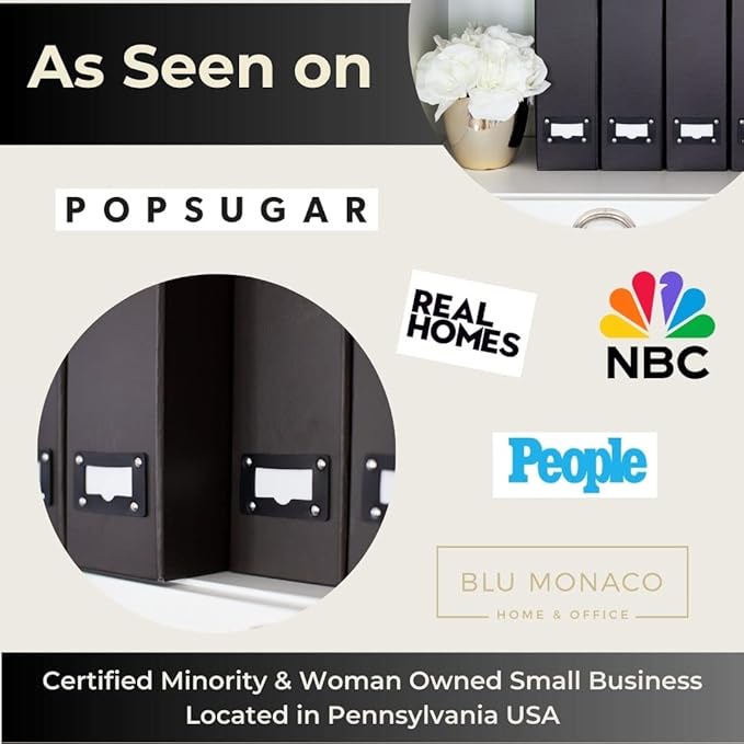 Blu Monaco Foldable Black Magazine File Holder with Leather Label Holder - Set of 6 Cardboard Magazine File Boxes Desk File Organizer-DeskLoop Office