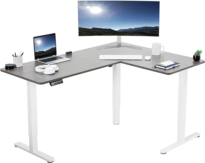 VIVO Electric Corner L-Shaped 63 x 47 in Standing Desk, Memory Height Adjustment, Dark Gray Top White Frame, DESK-E3CTWG-47-DeskLoop Office