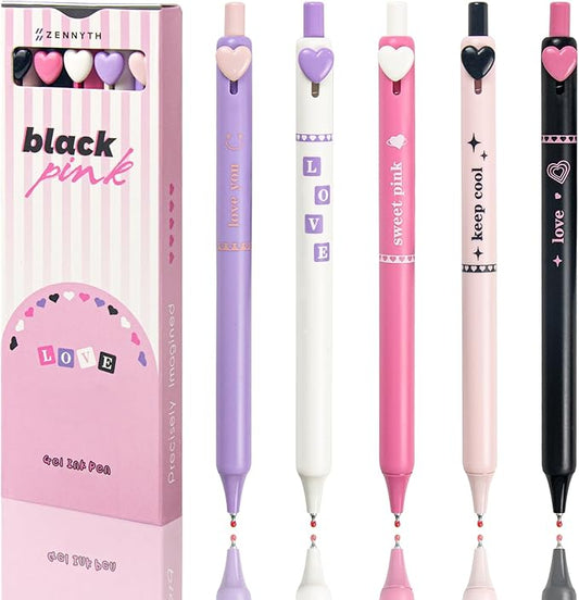 5 Pcs Colorful Gel Pens,0.5mm Fine Point for Journaling Note Taking Writing, Quick Dry Black Ink Pens for Office School Supplies Gifts for Women Teacher Students (Pink heart)-DeskLoop Office