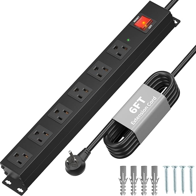 KF Matel 6 Outlet Power Strip Surge Protection 2100J, Heavy Duty Wide Space Power Strip with Flat Plug, 14AWG 6FT Extension Cord for Home, Garage, Shop-DeskLoop Office
