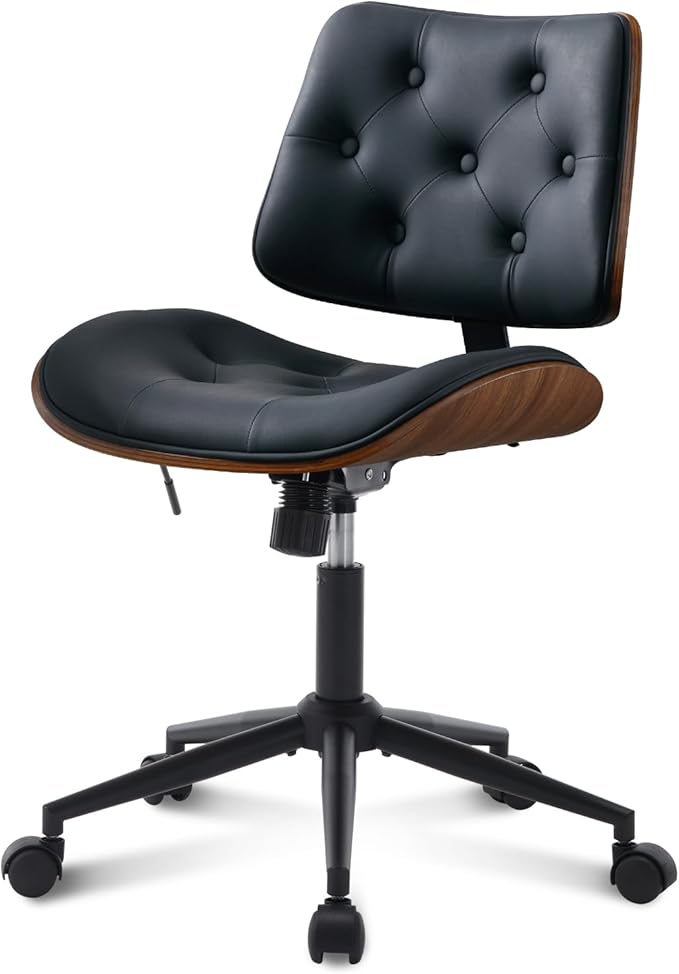 Armless Home Office Chair with Wheels, PU Leather Adjustable Height Computer Desk Chair, 360 Swivel Small No Arms Chair, Modern Button Walnut Style for Office, Reading Meeting Room(Black)-DeskLoop Office
