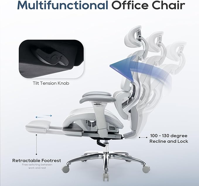 COLAMY Ergonomic Mesh Office Chair, Ergonomic Desk Chair with Footrest, Executive High Back Computer Desk Chair with Lumbar Support, Headrest and Adjustable 3D Arms, Tilt Lock and Lumbar Support-Grey-DeskLoop Office
