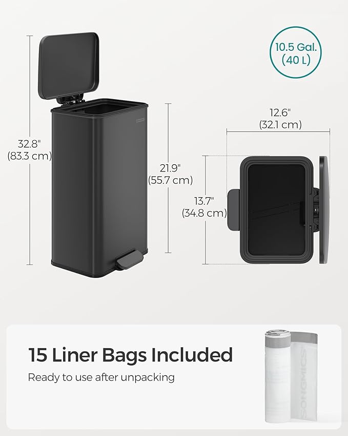 SONGMICS Kitchen Trash Can, 10.5 Gallon (40 L) Garbage Can, Large Step Trash Bin with Lid, Stainless Steel, Soft Close, 15 Trash Bags Included, Black ULTB540B40-DeskLoop Office