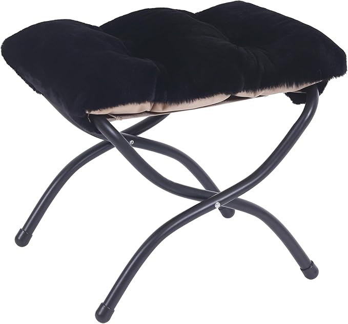 LITA Folding Upholstered Footrest Stool, Modern Small Portable Accent Ottoman with Detachable Thick Cotton Cushion Padded Sofa Stool with Metal Frame for Lazy Chair, Living Room & Bedroom, Plush Black-DeskLoop Office