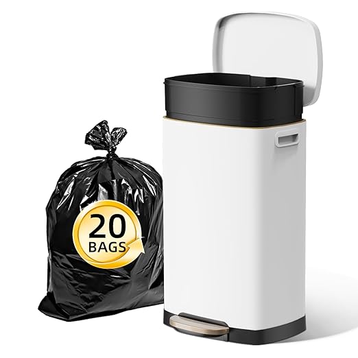 KUK 13 Gallon Kitchen Trash Can with Lid, 50L/13Gal Office Step Garbage Can for Home, Kitchen, Laundry Room, Office, Brushed Stainless Steel, White-DeskLoop Office