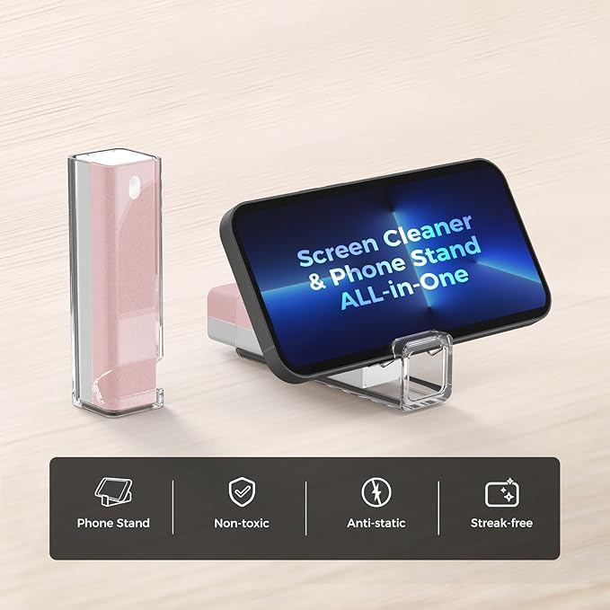 CLICK CLEAN Screen Cleaner, Fingerprint Proof Screen Cleaner Spray, All-in-One Cleaner with Microfiber, Shell and Phone Stand for All Phones, Laptop and Tablet Screens (Pink)-DeskLoop Office
