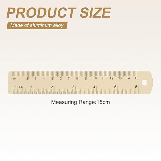 HARFINGTON 4pcs Metal Straight Ruler 15cm Metric SAE Aluminum Alloy Measuring Rulers Scale Tool with Hole for Measure Study Reading Classroom Office, Beige-DeskLoop Office