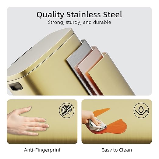 KUK 13 Gallon/50L Stainless Steel Kitchen Trash Can with Lid and Step Pedal-Large Capacity Garbage Bin with Odor Seal, Silent Close Lid, Removable Inner Bucket, Titanium Gold-DeskLoop Office