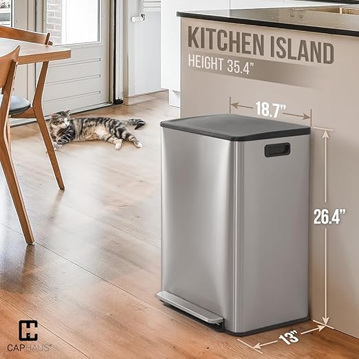 CAPHAUS Dual Trash Can with Lid, Trash and Recycling Bins Combo for Kitchen, Hands-Free Stainless-Steel Garbage Can with 2 Compartment, Hinged Lid, Odor Filter, Handles, 30L+30L, 2 x 8 Gallon-DeskLoop Office