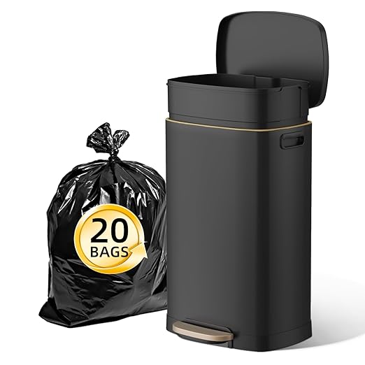 KUK 13 Gallon Kitchen Trash Can with Lid, 50L/13Gal Office Step Garbage Can for Home, Kitchen, Laundry Room, Office, Brushed Stainless Steel, Black-DeskLoop Office