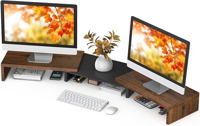 TAVR Dual Monitor Stand Riser, Computer Monitor Stands for 2 Monitors, Extra Long Multifunctional Desktop Organizer Riser for Computer, Laptop, PC, Printer, TV, Max 43.3" Length, Rustic Brown-DeskLoop Office