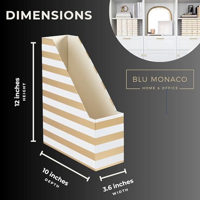 BLU MONACO Set of 4 Gold & White Striped Magazine File Boxes with Gold Label Holders – Stylish File Organizer Box for Desk, Office Supplies, File Folder Holder, and Book Organizer-DeskLoop Office