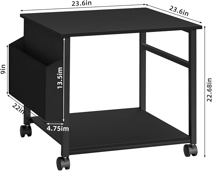 Lerliuo Large Printer Stand with Storage Shelf, 23.6 x 23.6 x 22.8 Industrial Printer Table for Home Office, Rolling Printer Cart Holder with Lockable Wheels, Mobile Mini Fridge Stand Table (Black)-DeskLoop Office