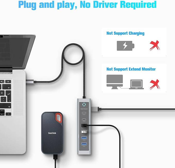 RSHTECH 7-Port USB C Hub Splitter 10Gbps with 3 USB-3.2 (2C + 1A), 4 USB-3.0 Ports and 2ft Long Cable, Aluminum USB-C Hub Multiport Adapters for Laptop and More, RSH-T17C-DeskLoop Office