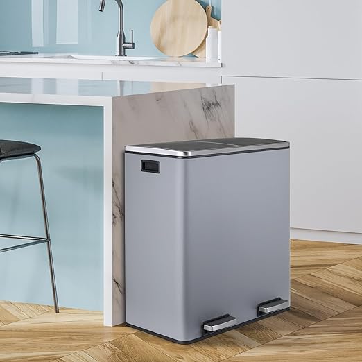 16 Gallon Rectangular Stainless Steel Trash Can, Dual Compartment Garbage Bin with Recycling Combo, Metal Dustbin Lid, Removable Liner, Indoor Hands Free Waste Bucket for Kitchen Home-DeskLoop Office