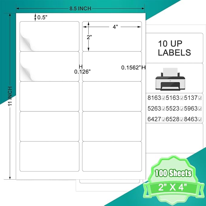 2x4 Label Stickers, 1000 Matte Printable Sticker Labels for Address Labels, Mailing Labels, Shipping Labels, Sticker Making, 8.5 x 11 Label Sheets for Lase Inkjet Printer, 10 Up Per Sheet, 100 Sheets-DeskLoop Office