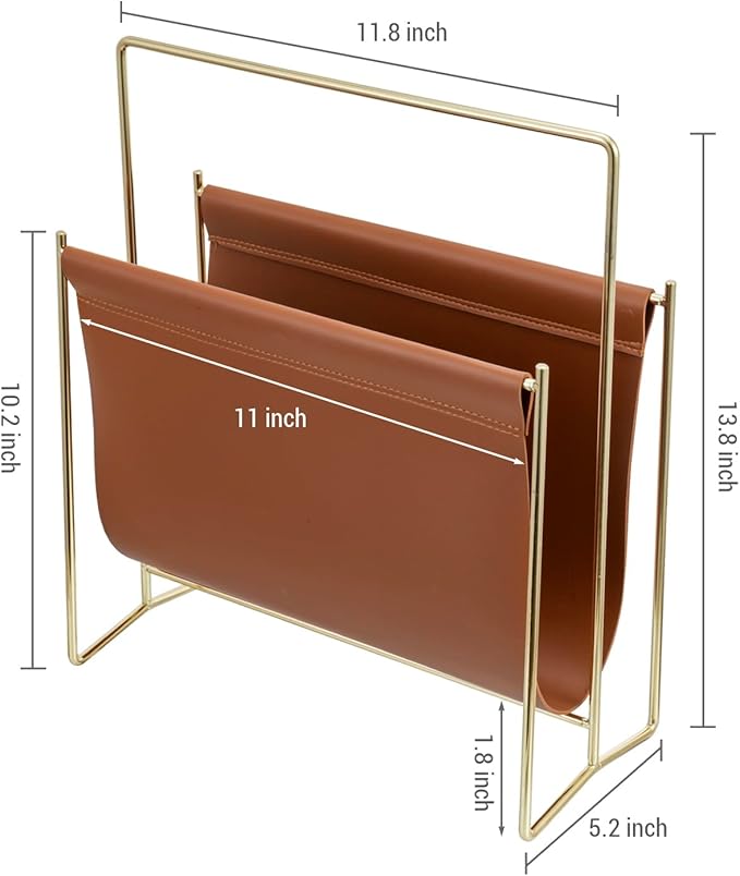 MyGift 13 inch Modern Caramel Leatherette Magazine Holder Floor Standing Sling Style Rack with Brass Tone Metal Frame-DeskLoop Office
