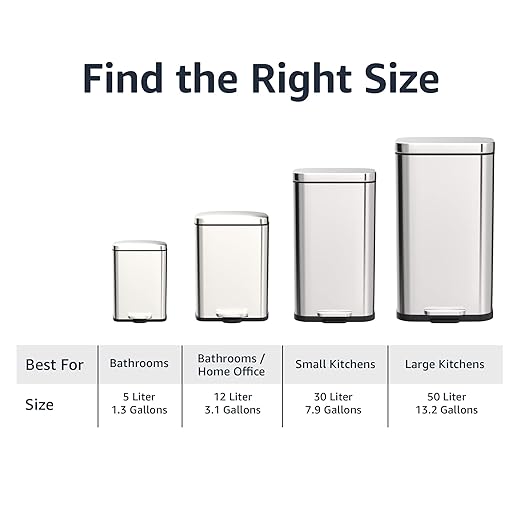 Amazon Basics Smudge Resistant Rectangular Trash Can With Soft-Close Foot Pedal, Brushed Stainless Steel, 50 Liter/13.2 Gallon, Satin Nickel Finish, 16.7"L x 14.7"W x 25.9"H-DeskLoop Office