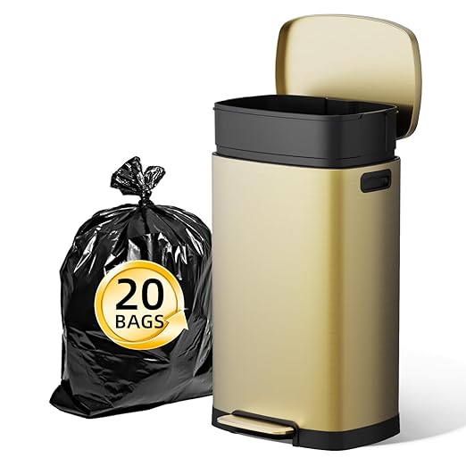 KUK 13 Gallon/50L Stainless Steel Kitchen Trash Can with Lid and Step Pedal-Large Capacity Garbage Bin with Odor Seal, Silent Close Lid, Removable Inner Bucket, Titanium Gold-DeskLoop Office