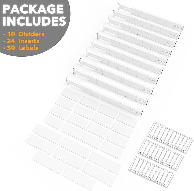 SpaceAid Bamboo Drawer Dividers with Inserts and Labels, Kitchen Adjustable Drawer Organizers, Expandable Organization for Home, Office, Dressers, 10 Dividers with 24 Inserts (17"-22" White)-DeskLoop Office