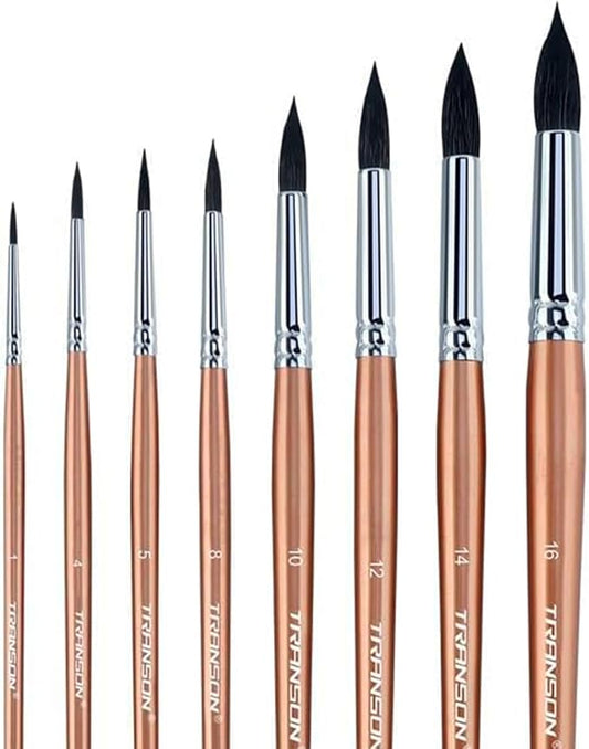Transon 8pcs Round Watercolor Paint Brush Set Goat Hair for Watercolors,Acrylics,Inks,Gouache,Oil and Tempera-DeskLoop Office
